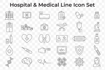 Medical editable stroke outline Icons set. Hospital, patient, medicine, pharmacy, nurse, prescription and medical report. Vector illustration.