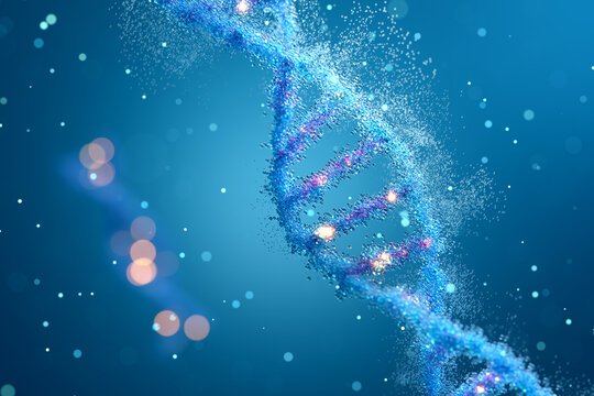 Abstract DNA double helix structure with blue glowing particles scattering for science concept. 3D rendering