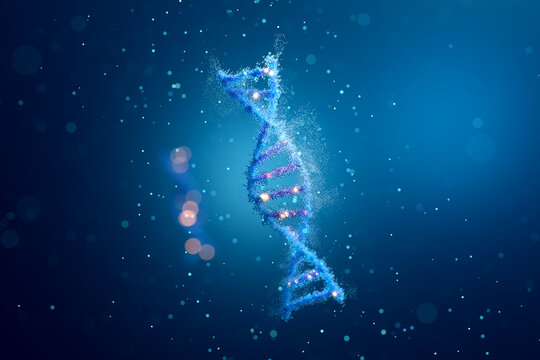Abstract blue DNA double helix structure with glowing particles scattering for medical science background. 3D rendering