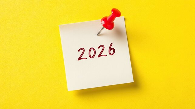 2026 text written with golden marker on white sticky note against yellow background, red pin at top right corner in minimalistic simple clean modern style for date reminder.