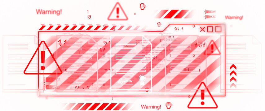 Fototapeta Red warning signs and digital interface elements with binary code over white background, illustrating a cybersecurity alert or data breach concept