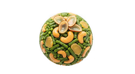 Decorative egg shaped food arrangement with nuts and green vegetables