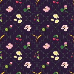 Seamless decorative pattern with clover leaves, daisies, wild strawberries, cherries, wheat spikes and diamonds on dark background. Natural folk-inspired floral and fruit design for fabric, wallpaper.