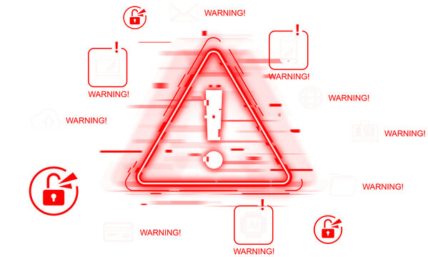 Red warning triangle with exclamation mark and glitch effect, surrounded by cybersecurity icons, isolated on white background, concept of digital threat