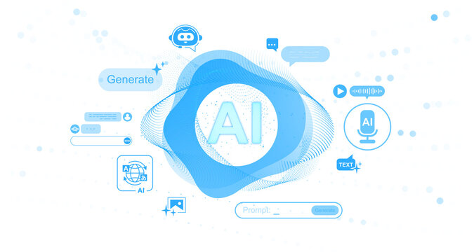 Abstract AI technology generation concept with blue wave elements, chatbot icons, and digital content symbols on white background, symbolizing innovation
