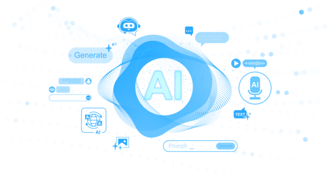 Abstract AI technology generation concept with blue wave elements, chatbot icons, and digital content symbols on white background, symbolizing innovation