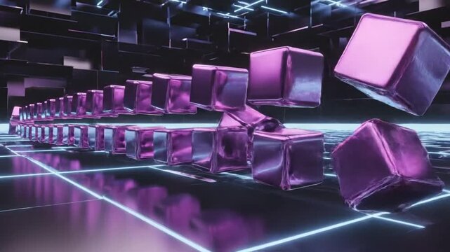 Abstract 3D animation of a futuristic purple cube tunnel with glowing neon lines on reflective floor