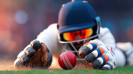 Intense cricket action featuring a diving fielder making a spectacular catch, showcasing athleticism and determination in a thrilling sports moment