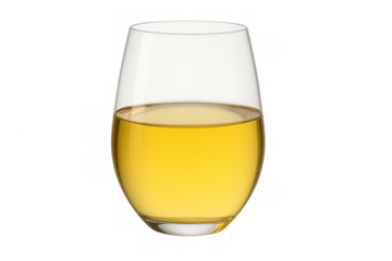 Stemless wine glass with golden white wine refreshing beverage, transparent background, studio shot