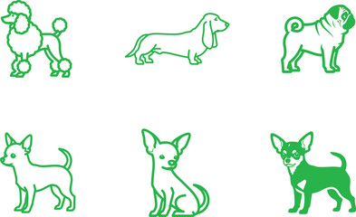 Collection of green dog breed line art illustrations showcasing different canine varieties poodle dachshund pug chihuahua in a simple and modern style perfect for logo design