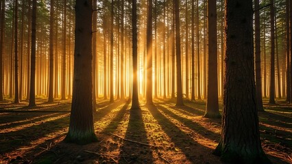 Obraz premium Radiant Golden Sunbeams Pierce Through Serene Pine Forest Casting Long Dramatic Shadows on Mossy Floor.