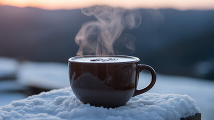 Steaming hot beverage in a mug on a snowy winter day