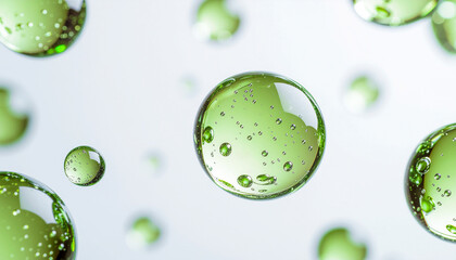 緑色の美容成分分子が浮遊する高精細マクロ背景｜透明な滴と気泡が輝くスキンケア・CICA・ナイアシンアミドの科学的イメージ / High-resolution macro background of floating green skincare molecules with transparent droplets and bubbles, scientific image of CICA and