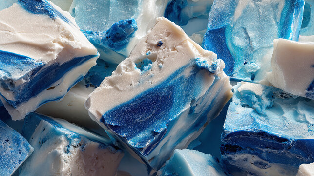 Chunks of blue and white confectionary candy, offering a visually appealing and delicious treat