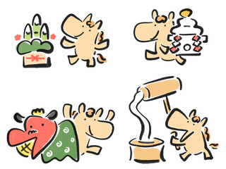 墨絵の正月の縁起物とかわいい馬キャラクターのセット　鏡餅・門松・獅子舞・餅つき