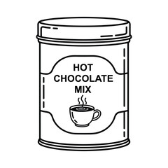 Line art illustration of a tin can filled with hot chocolate mix and a steaming cup