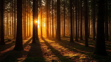 Obraz premium Ethereal Golden Sunbeams Piercing Through a Misty Pine Forest at Sunset Casting Long Shadows.