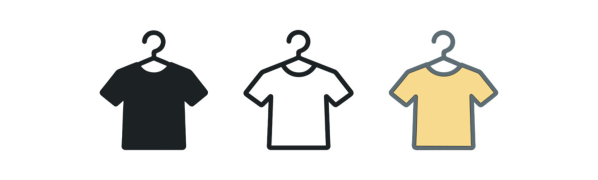 getting dressed icons three small hanger with t shirt silhouette icons one flat solid monochrome one thin black outline black and white one full color flat icon pastel clothing colors
