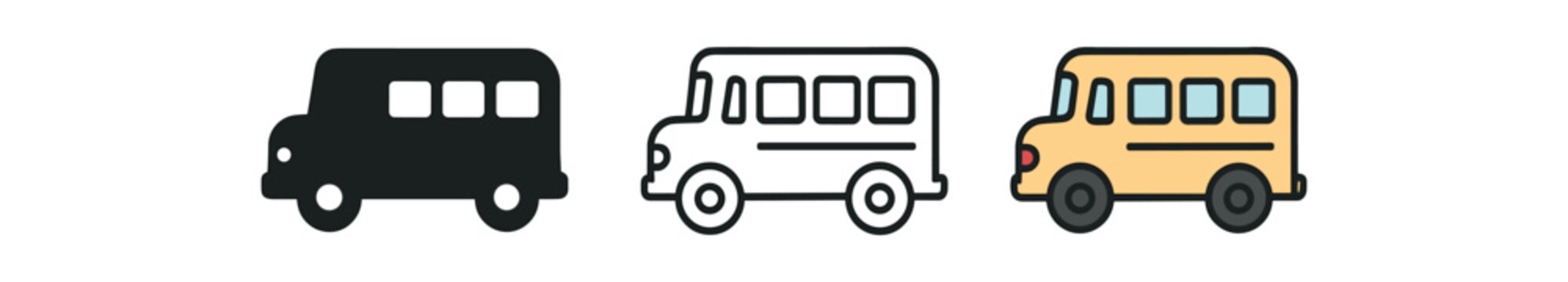 school bus icons three cute bus side view icons with simple one flat solid monochrome one thin black outline black and white one full color flat icon gentle