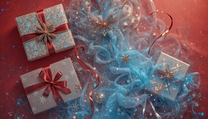 Elegant holiday gifts with snowflake details and red ribbons create a festive and joyous mood for Christmas or winter celebrations and seasonal promotions