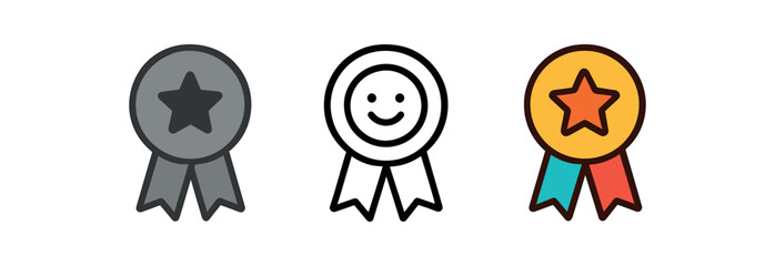 reward sticker icons three round badge icons with tiny or smile one flat solid monochrome one thin black outline black and white one full color flat icon bright friendly tones
