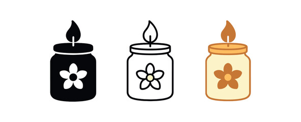 candle jar icons three jar silhouette with flame and flower one flat solid monochrome one thin black outline black and white one full color flat icon ivory and amber
