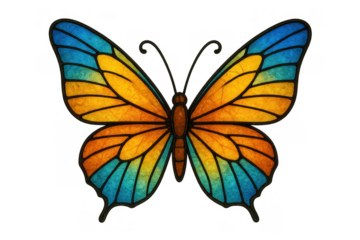 Stained glass butterfly illustration featuring vibrant yellow and blue wings with black outlines, isolated on a transparent background