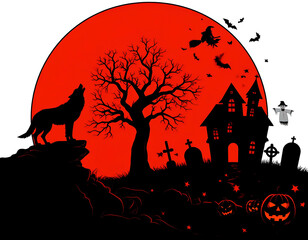 Halloween scene with moon, wolf, haunted house, and pumpkins