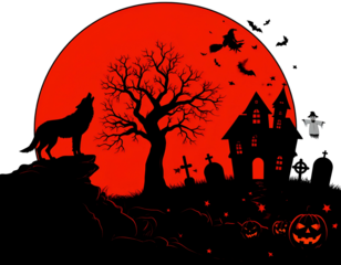 Halloween scene with moon, wolf, haunted house, and pumpkins