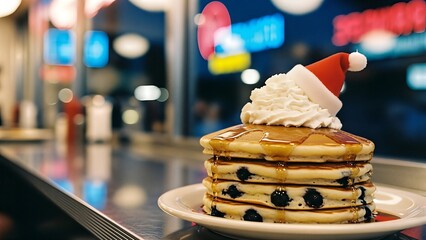 A stack of blueberry pancakes topped with whipped cream and a small Santa hat on a diner counter with blurred neon lights.