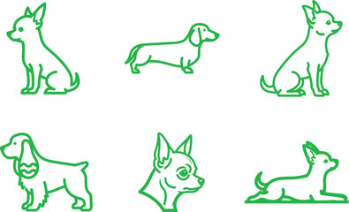 Collection of Line Art Dog Breed Icons in Green Outline Isolated on White Background Vector Illustration Set for Animal Lovers Veterinary and Pet Related Designs