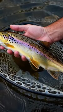 Close up of an angler gently holding a spotted brown trout in a rubber mesh net within the river water, illustrating catch and release fly fishing concepts.