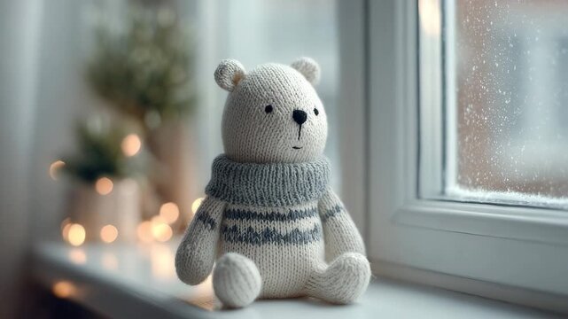 cute knitted icebear figure stands on the windowsill at christmas time animation