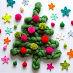 Colorful stylized image of a handmade yarn Christmas tree decorated with vivid pom-poms and knitted stars. Artistic and playful holiday craft design.