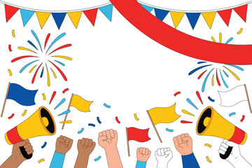 A celebratory scene with hands raised, flags, confetti, and fireworks suggests a rally or festival.