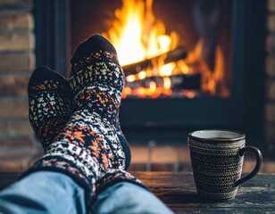 Relaxing cozy evening with warm socks and a hot drink by the fireplace, ideal for a winter holiday scene or a comforting home atmosphere, truly inviting