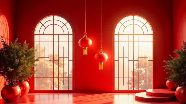 Red room with windows and lanterns