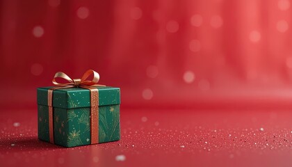 Elegant holiday gift with golden ribbon for Christmas celebrations or special occasions, set against a festive red backdrop for joyous greetings