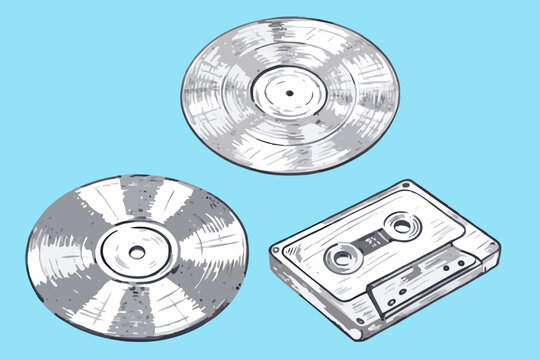 Hand-drawn illustration of a record and an audio cassette, capturing a retro music vibe. Perfect for vintage, audio, music, nostalgia, and creative design projects.