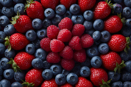 Fresh assortment of strawberries, raspberries, and blueberries arranged beautifully on a dark background