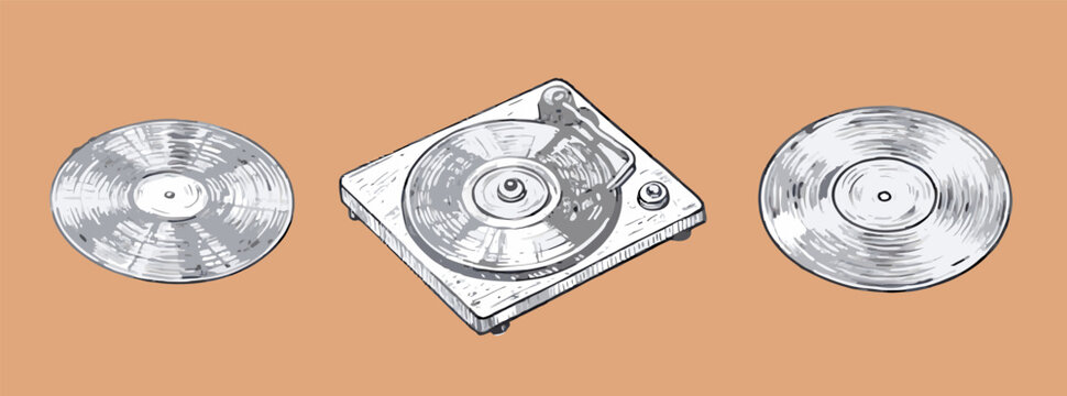 Hand-drawn illustration of a record player with vinyl records, capturing a retro music vibe. Perfect for vintage, audio, music, nostalgia, and creative design projects