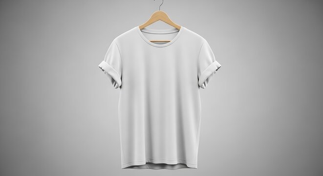 A plain white tshirt mockup hanging on a wooden hanger, ready for design customization, against a neutral grey background - Powered by Adobe