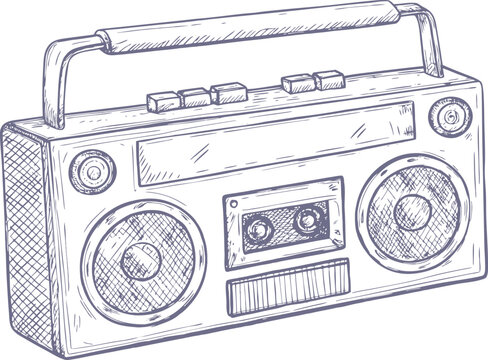 Retro cassette player on a white background, featuring vintage buttons and classic design details. Perfect for nostalgic, musical, and artistic concepts. Hand-drawn sketch illustration