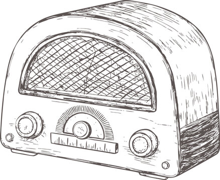 Hand-drawn sketch of a retro vintage radio, capturing classic knobs and speaker details. Ideal for music, broadcasting, nostalgia, audio, and retro-themed creative projects.retro-radio--front-view