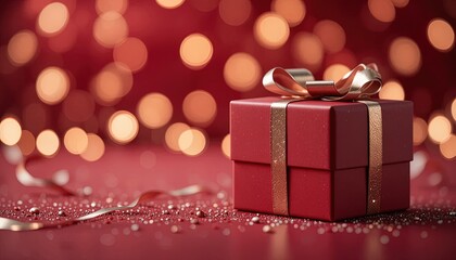Elegant red gift box with golden ribbon for Christmas or Valentine's Day celebrations, perfect for promotions, ads, and holiday marketing campaigns