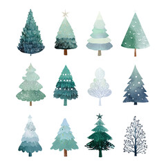 Obraz premium Decorative Holiday Evergreen Tree Clipart Set With Snow Sparkles, Festive Shapes and Classic Winter Fir Elements for Seasonal Art Projects