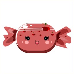 Charming illustration of a wrapped cherry candy with a cute face and cherry accents. Perfect for dessert-themed content and kawaii designs.
