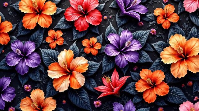 Colorful hibiscus flowers on dark background
