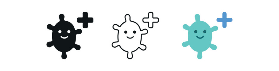 Obraz premium probiotic icons three icons with friendly microbe shapes and plus sign one flat solid monochrome one thin black outline black and white one full color flat icon mint and blue