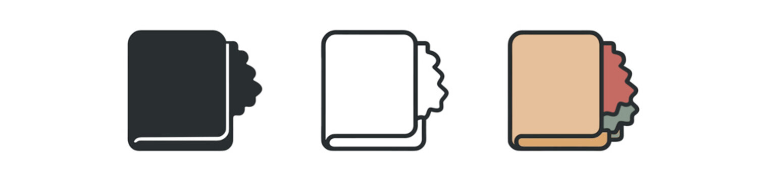 fabric swatch book icons three small booklet silhouettes with overlapping textile tabs one flat solid monochrome one thin black outline black and white one full color flat icon muted